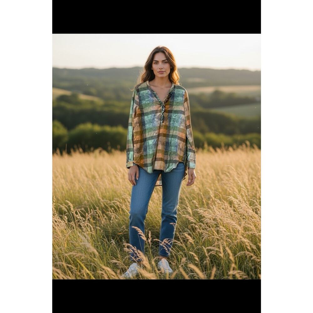 Anthropologie Isabella Sinclair Plaid Tunic Top Women size Large Long Sleeve